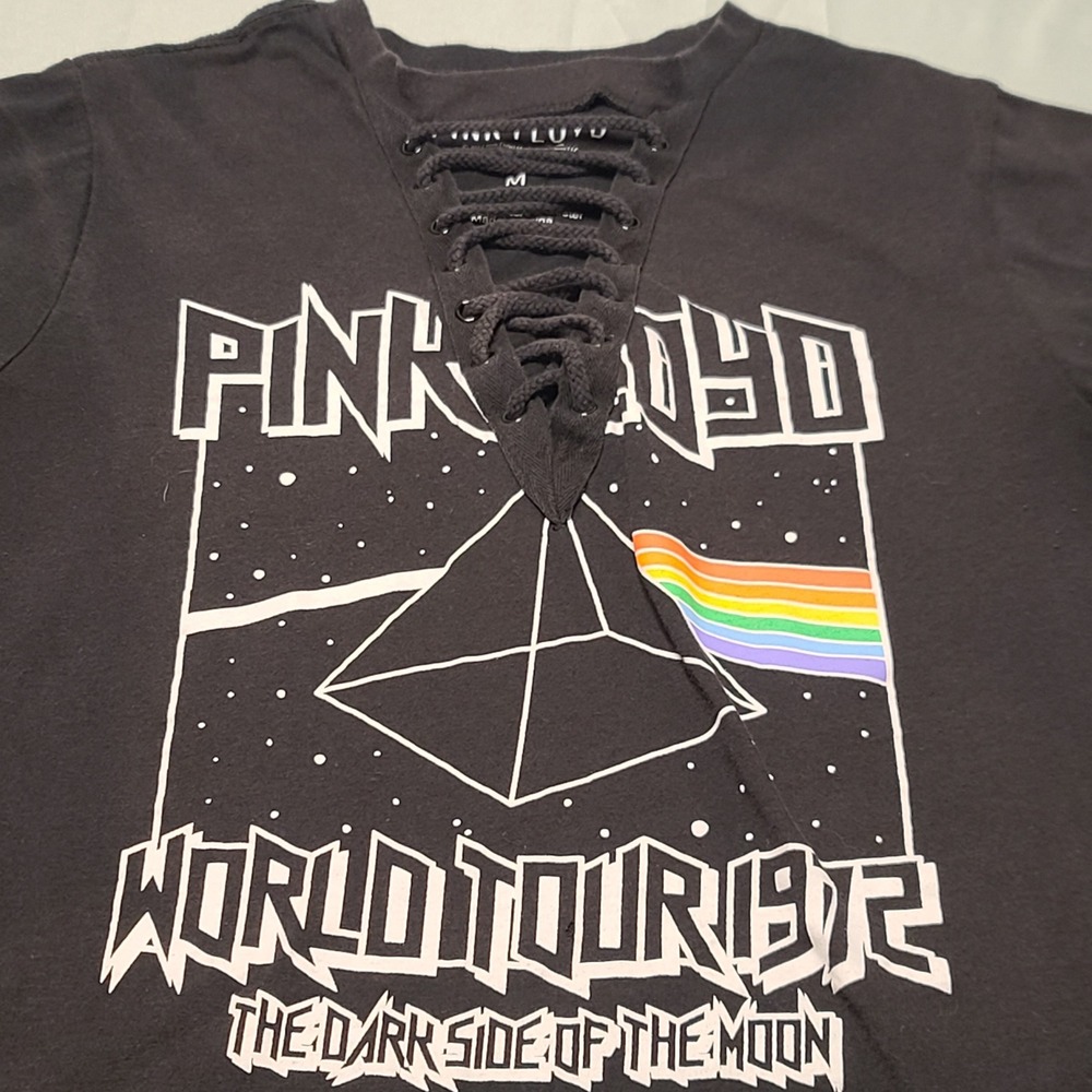 Pink Floyd Graphic T-Shirt Women Medium Black Lace-Up Dark Side of the Moon 1972